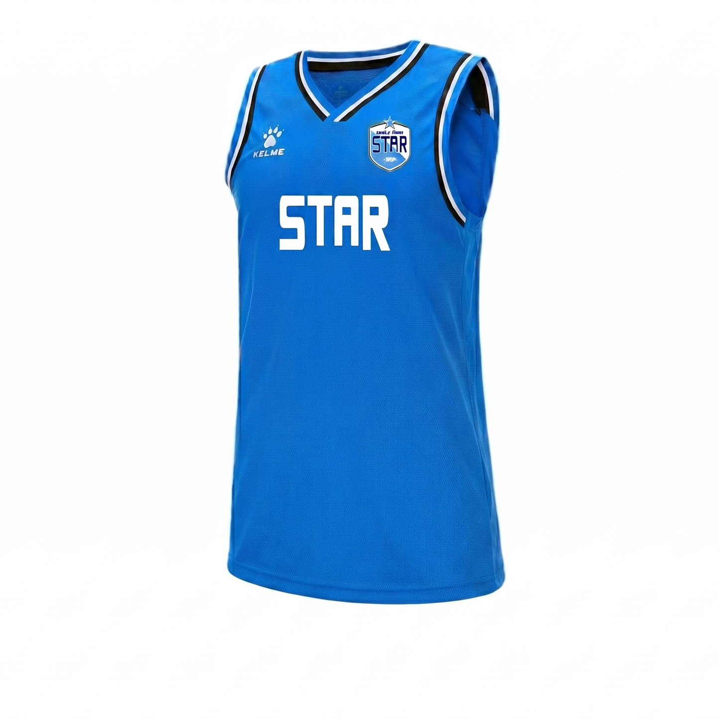 Blue sleeveless sports jersey with 'STAR' branding on a white background