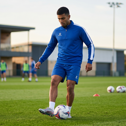Man in blue sports outfit on a soccer field with multiple soccer balls.