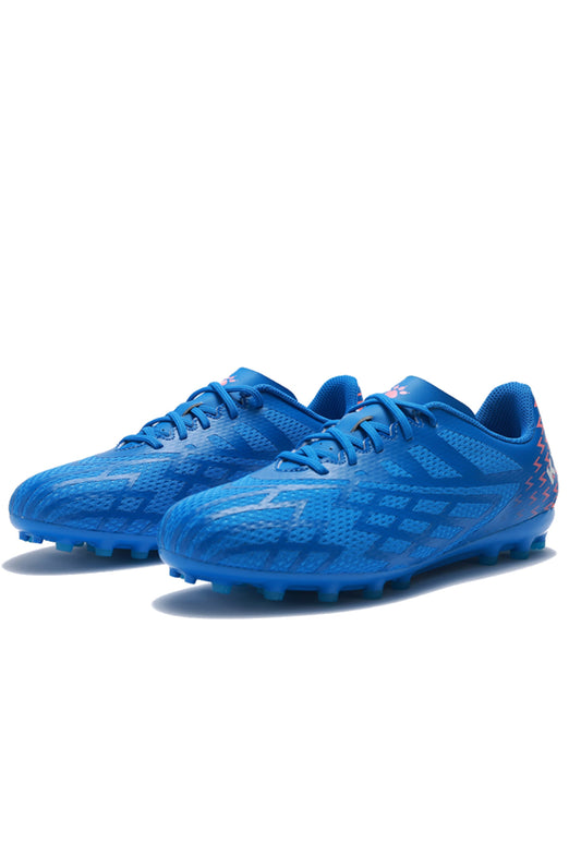 A pair of blue Target football boots with a geometric pattern and lace-up closure.