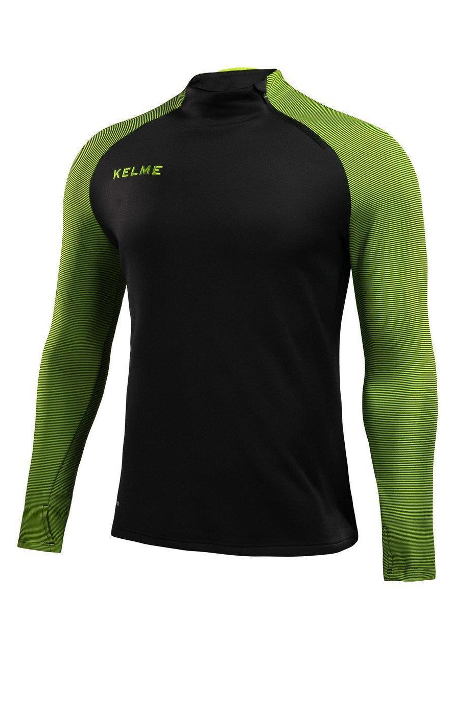 Black and green long-sleeve athletic shirt with 'KELME' branding on a white background