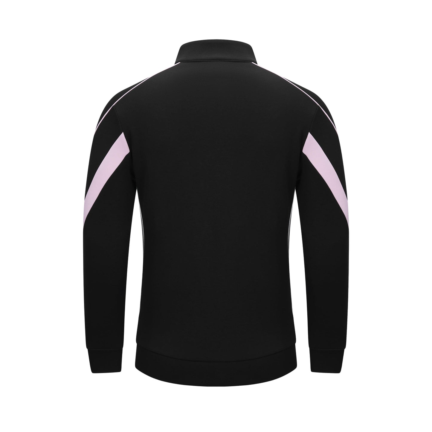 Black long-sleeve athletic jacket shown from the back, featuring light pink diagonal stripe accents on both upper arms and white piping along the shoulders, set against a plain white background.