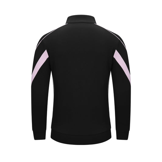 Black long-sleeve athletic jacket shown from the back, featuring light pink diagonal stripe accents on both upper arms and white piping along the shoulders, set against a plain white background.