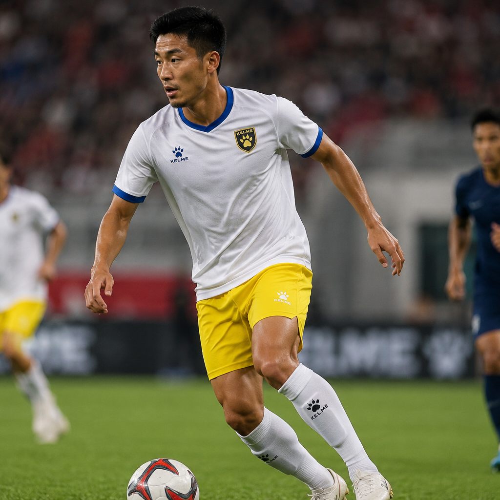 Soccer player in white and yellow uniform dribbling a ball on a field with blurred background