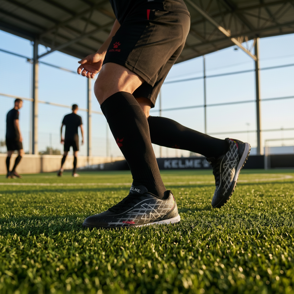 Person playing soccer on a grass field with a clear sky.