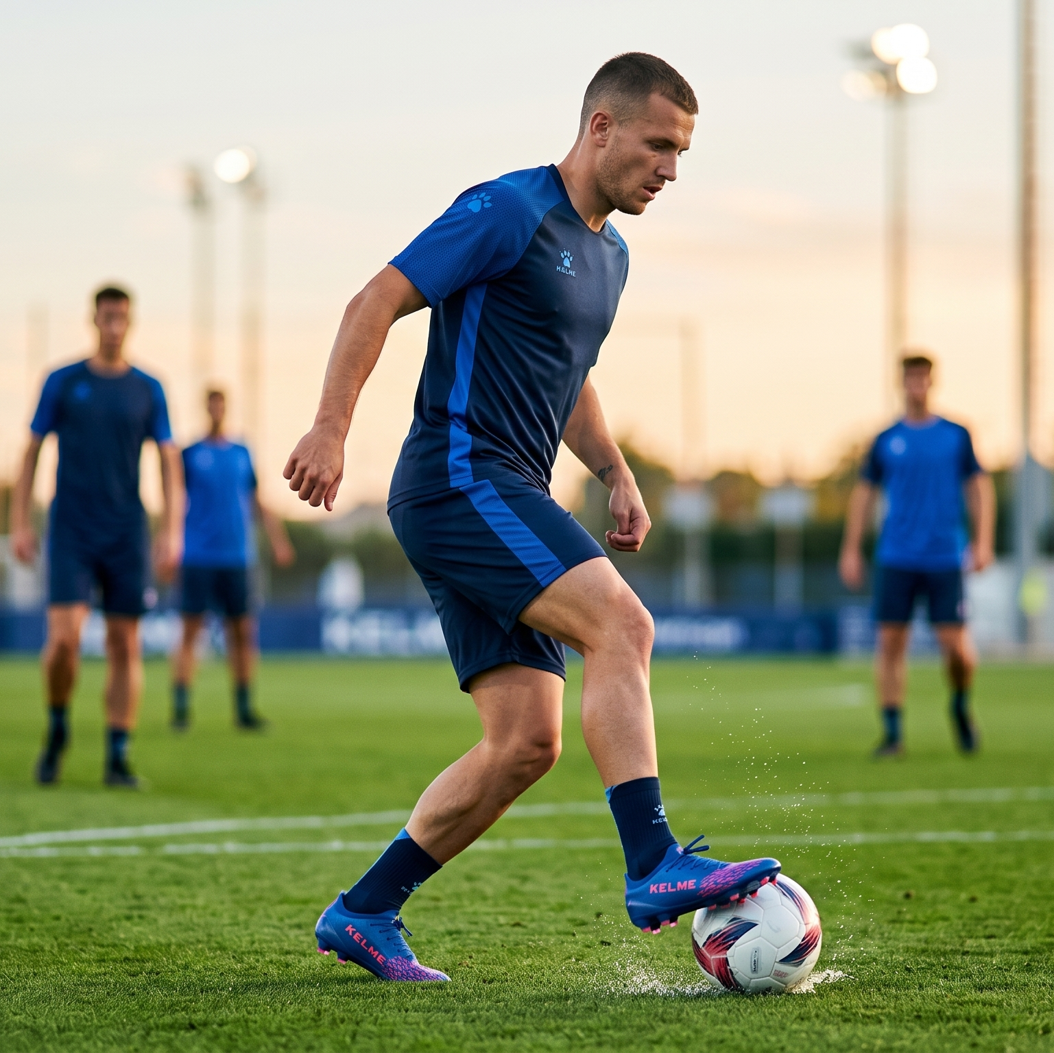Soccer player in blue uniform kicking a ball on a field with other players in the background.