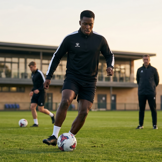 Person playing soccer on a field with other players and training equipment.