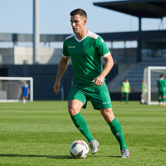 Soccer player in green uniform kicking a ball on a field with other players in the background.