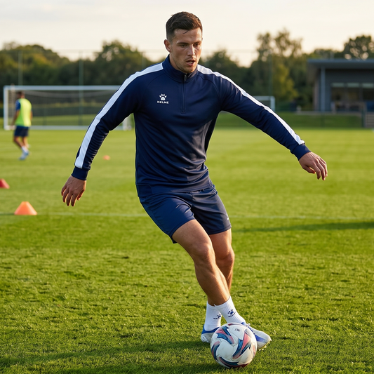 Man practicing soccer on a field with other players in the background