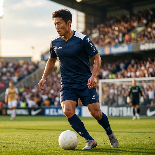 Soccer player in blue kit with ball on field during match