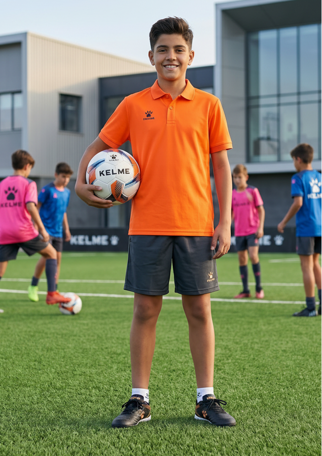 Young boy holding a soccer ball on a sports field with KELME branding.