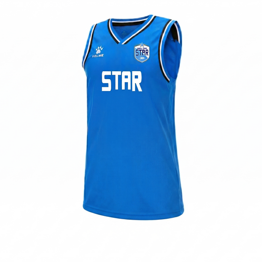 Blue sleeveless sports jersey with 'STAR' branding on a white background