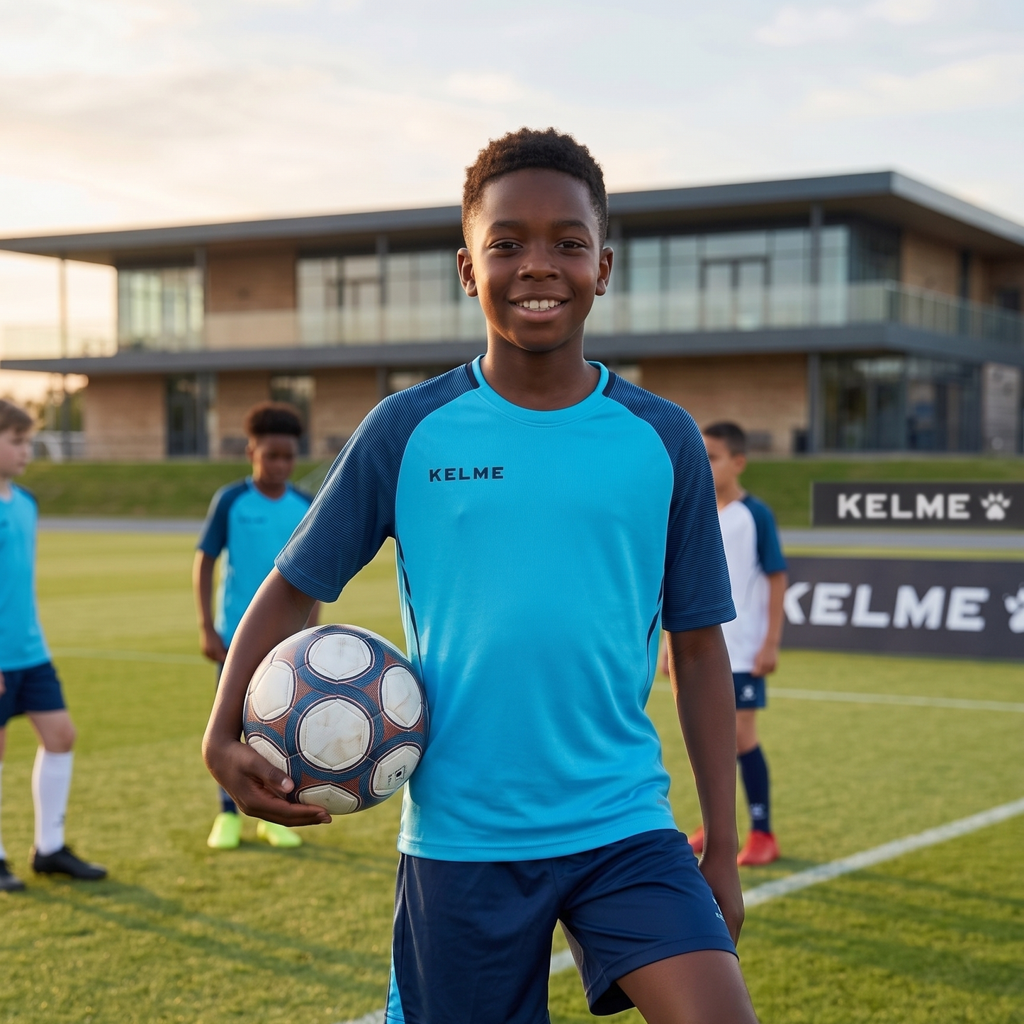 Young soccer player holding a ball on a sports field with 'Kelme' branding.