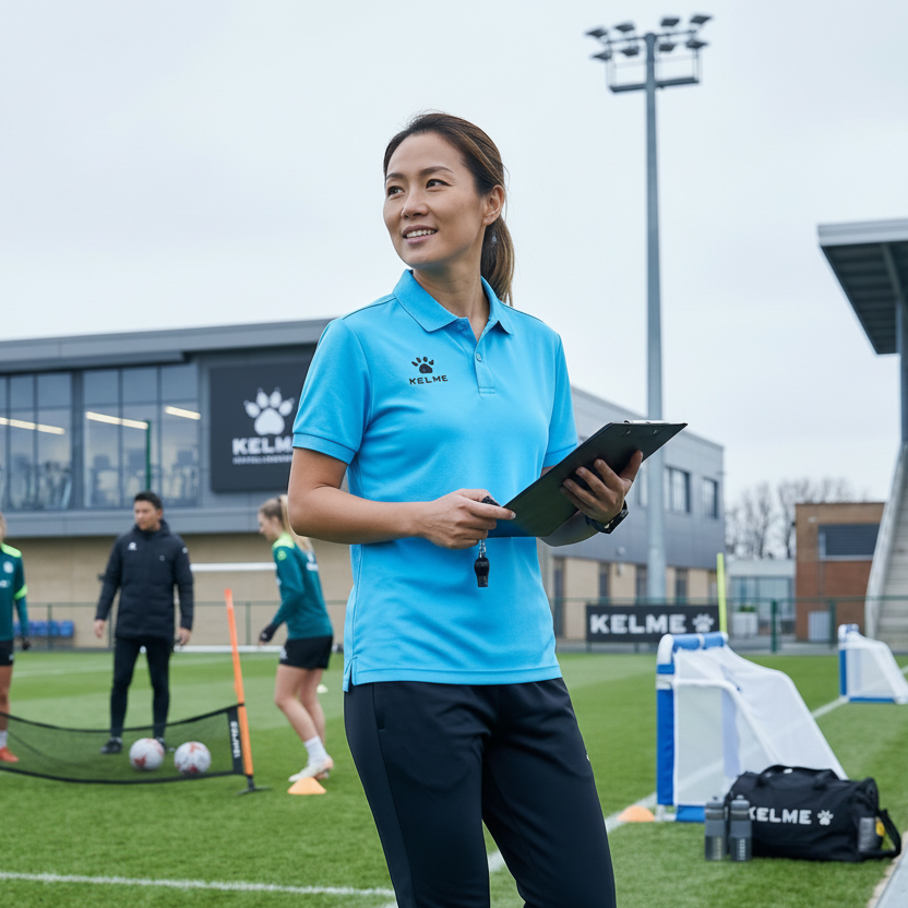 Woman in a blue sports shirt with a logo on a soccer field, holding a tablet.