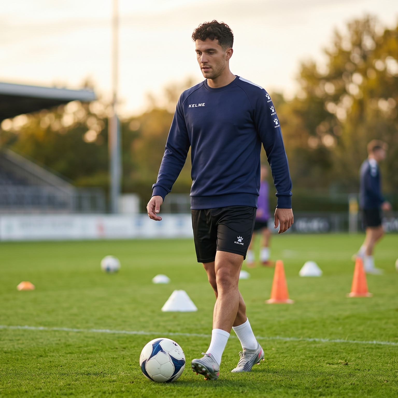 Person on a soccer field with cones and a ball, wearing a blue sports outfit.