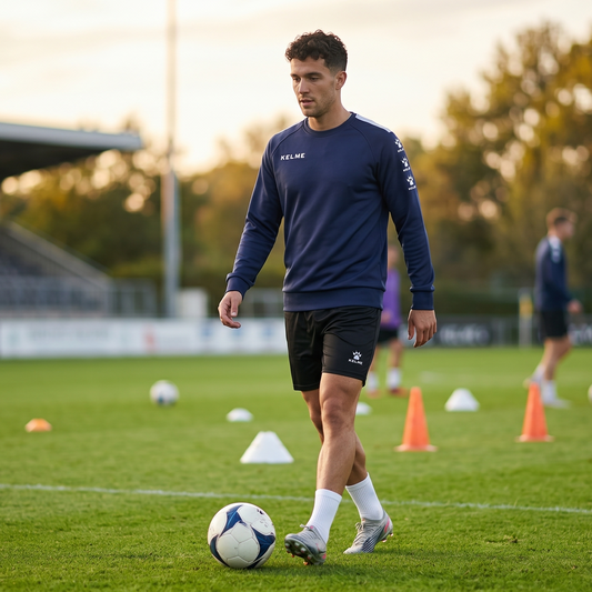 Person on a soccer field with cones and a ball, wearing a blue sports outfit.
