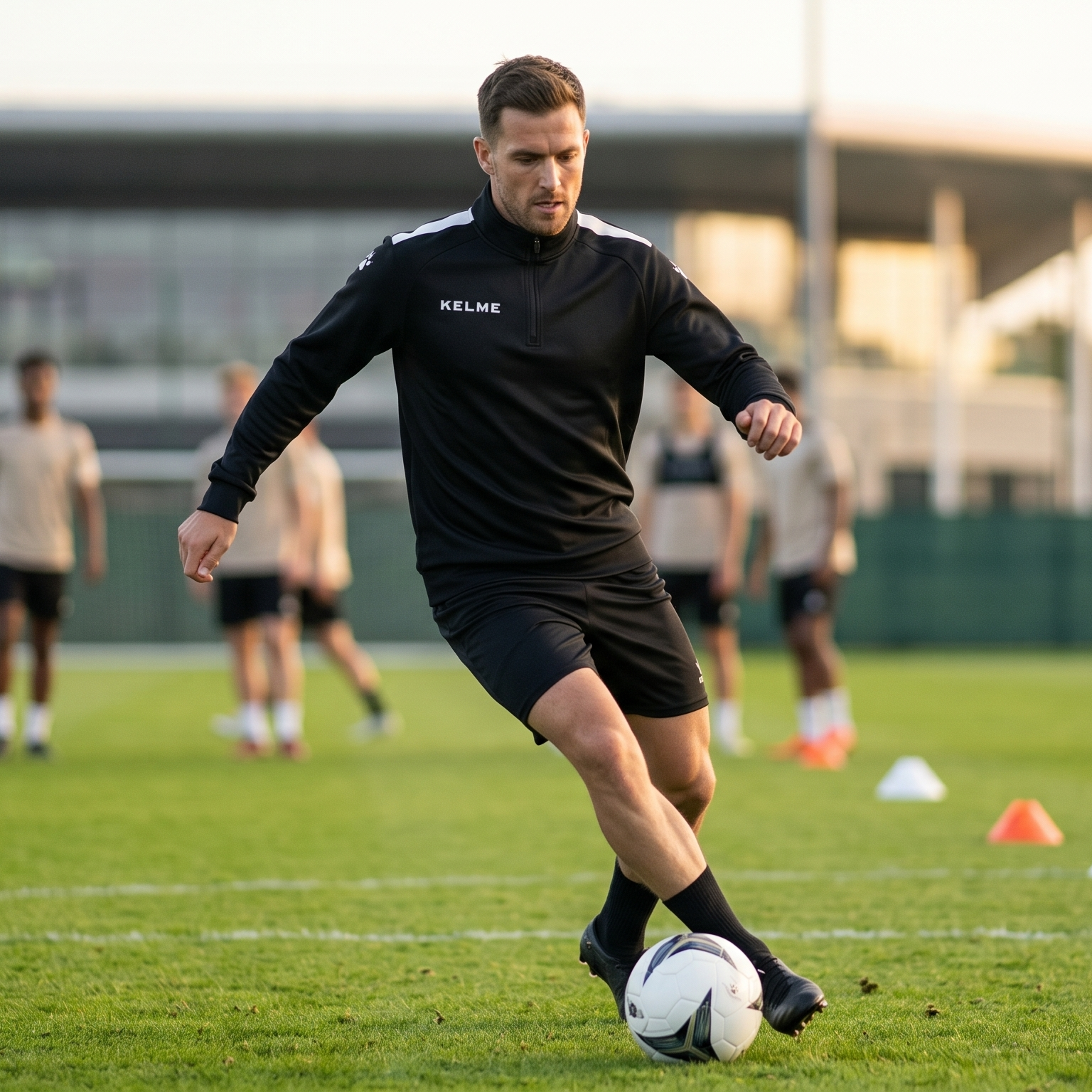 Person practicing soccer drills on a field with other players in the background