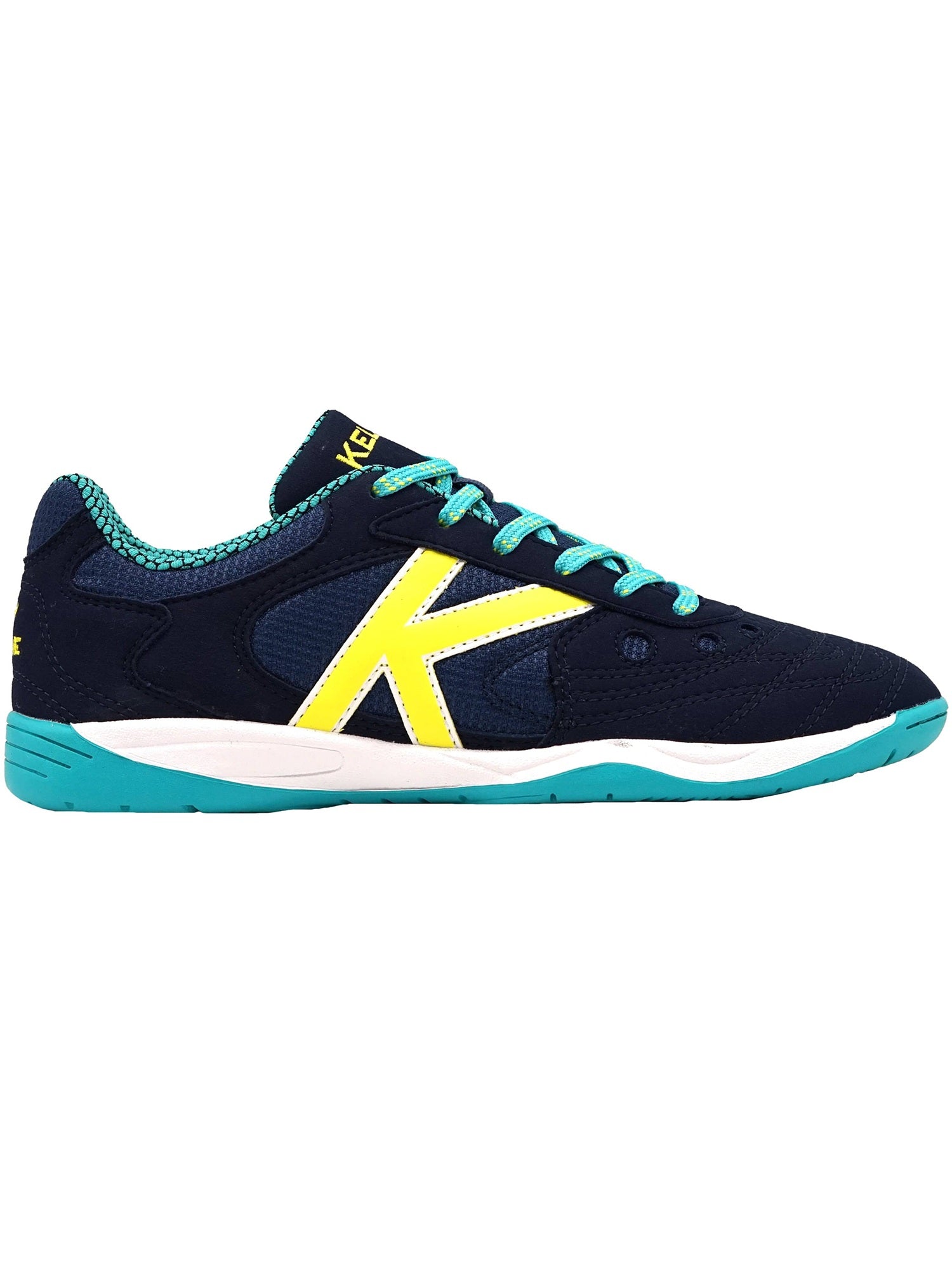 Navy blue athletic shoe with yellow 'K' logo on a white background